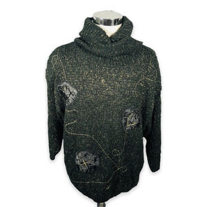 Vintage Focal Point Sweater Womens OS Turtleneck Applique Black Metallic Gold